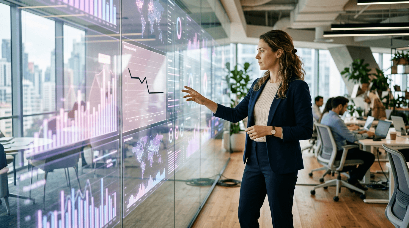 A professional reflecting on a wall of AI dashboards in a modern sunlit office, illustrating the gap between AI investment and measurable productivity