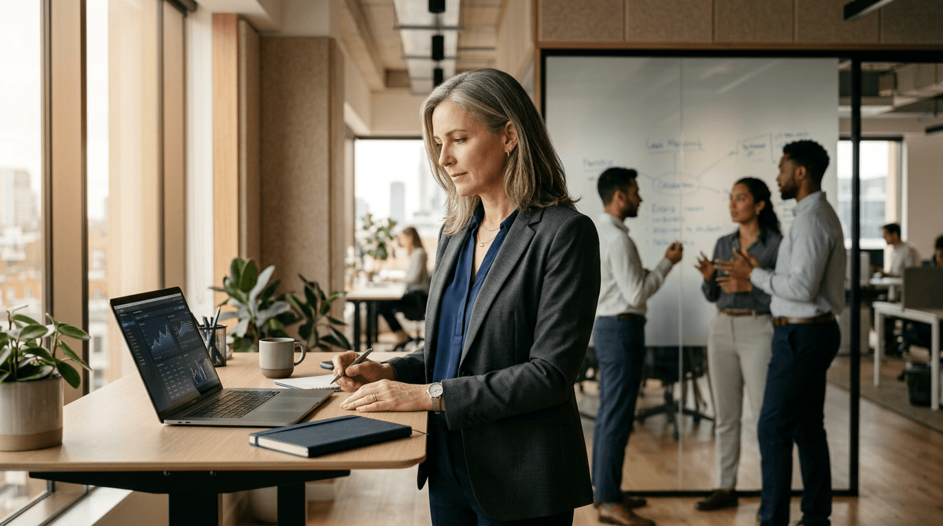 A focused middle manager looking at a laptop in a softly lit modern office, with a team collaborating in the background — illustrating the manager's role at the centre of enterprise AI adoption