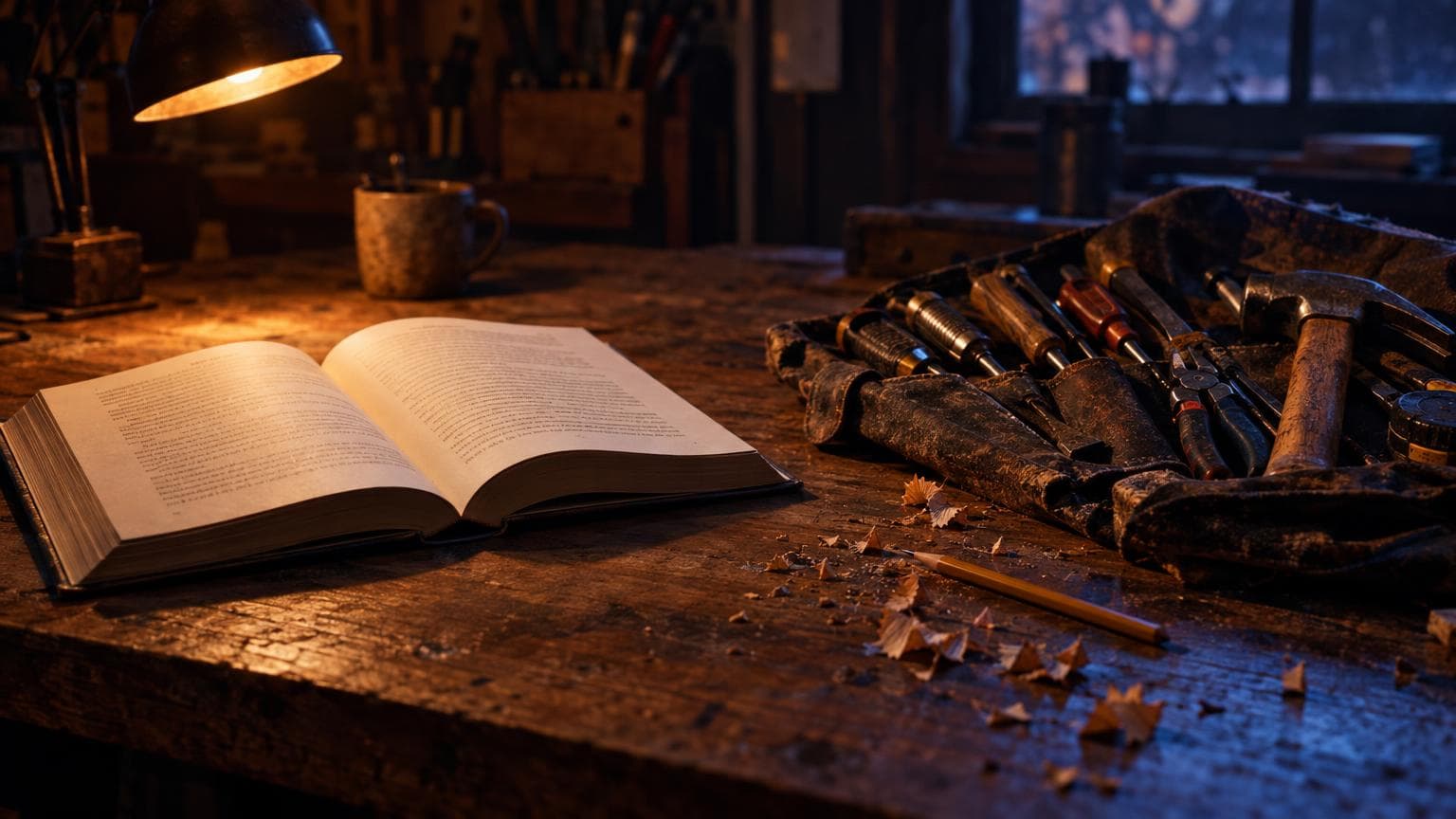An open book beside a roll of well-worn tools on a lamp-lit workbench, contrasting knowing about AI with working with it