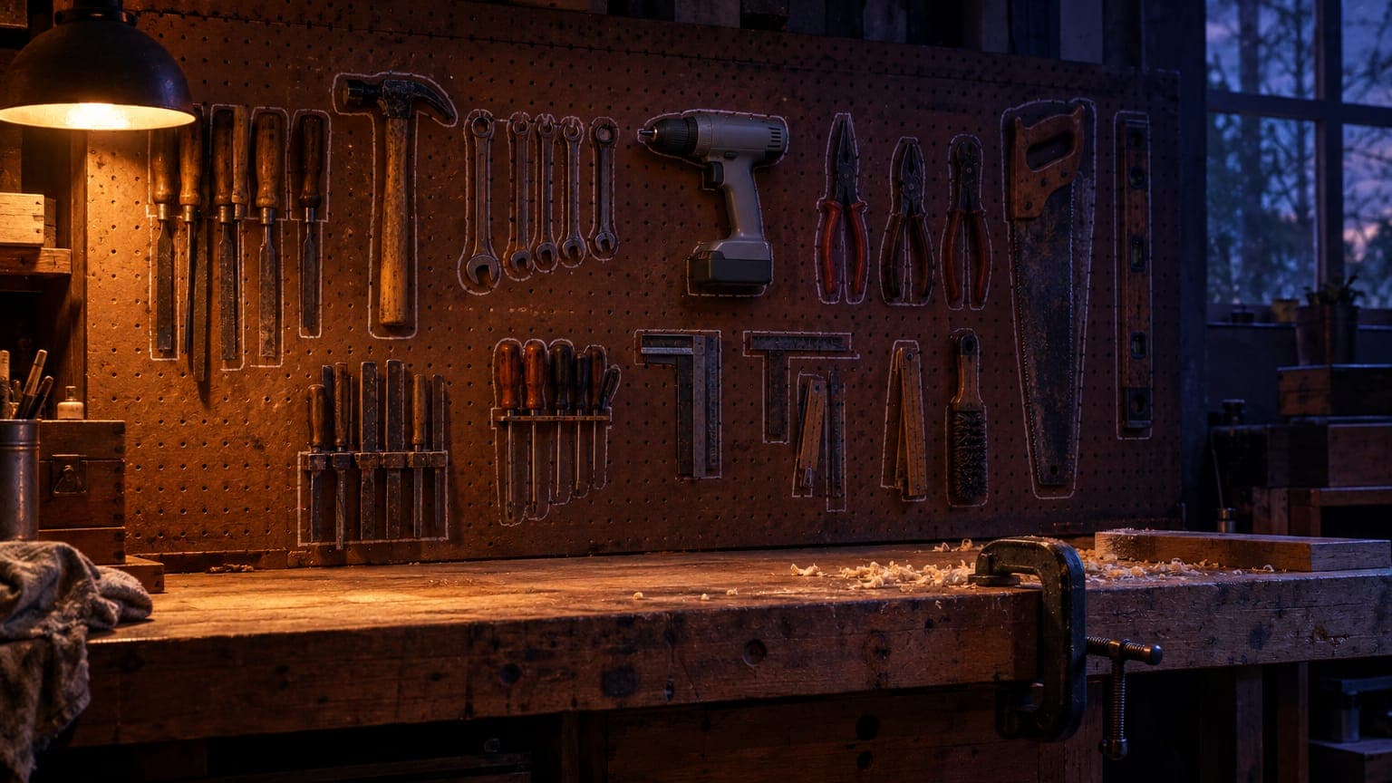 A workshop pegboard of well-worn hand tools with one new cordless drill hung among them above a wooden workbench: new tools change the tasks, the craft stays