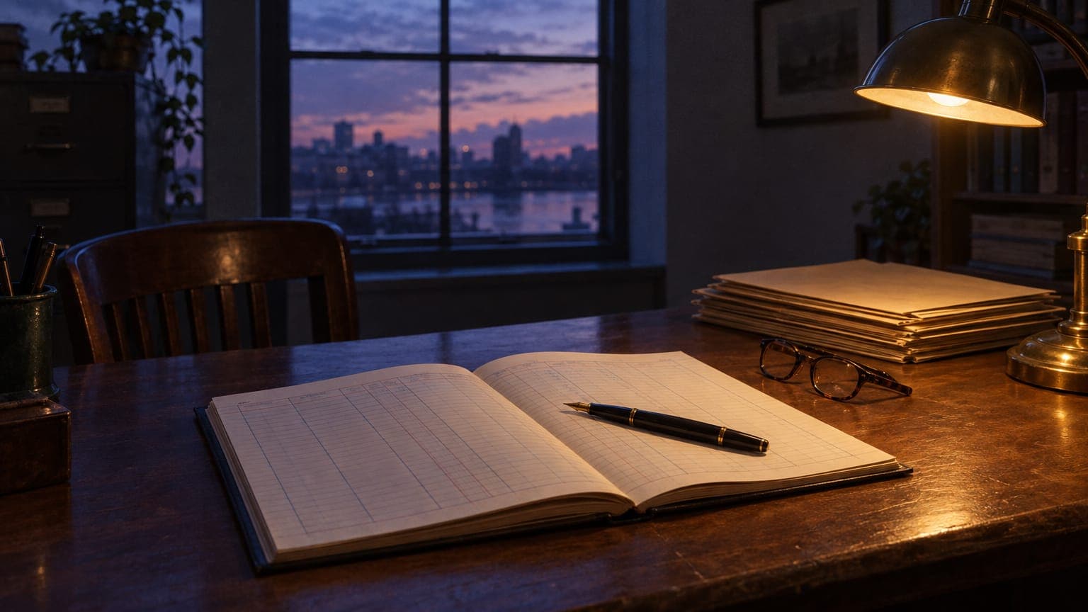An open ledger with a fountain pen on an oak desk in a quiet accounting office at dusk, lit by a brass lamp: the routine bookkeeping layer that AI is taking over first