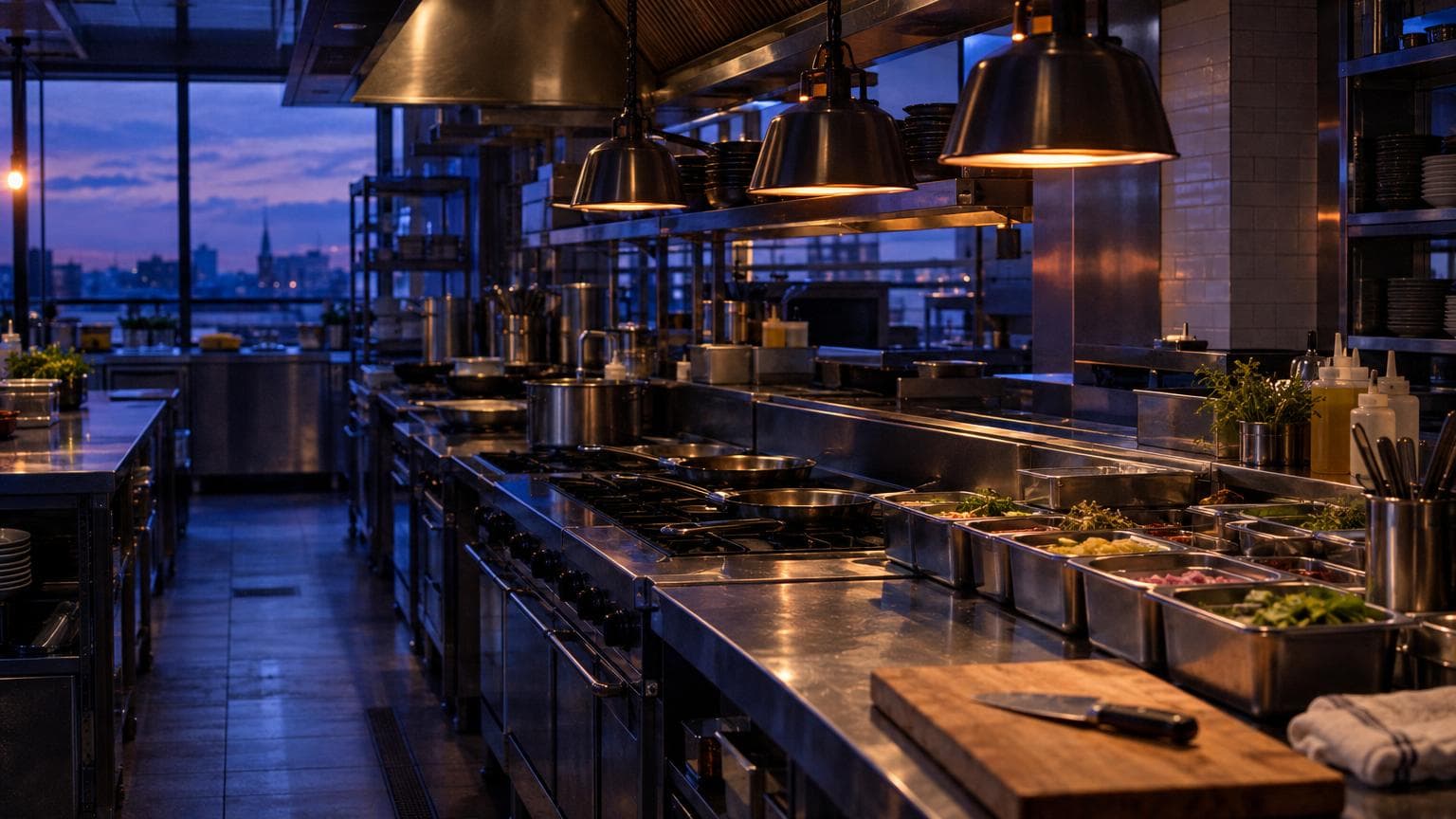An empty restaurant kitchen line at dusk, every station prepped with knives, pans and ingredients under warm heat lamps, for a guide to the AI skills every team needs
