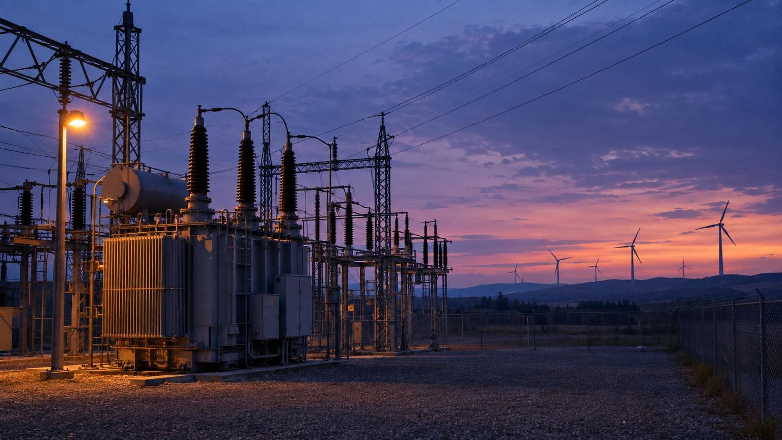 Modern wind farm and solar panels at golden hour with smart grid digital overlay representing AI in energy