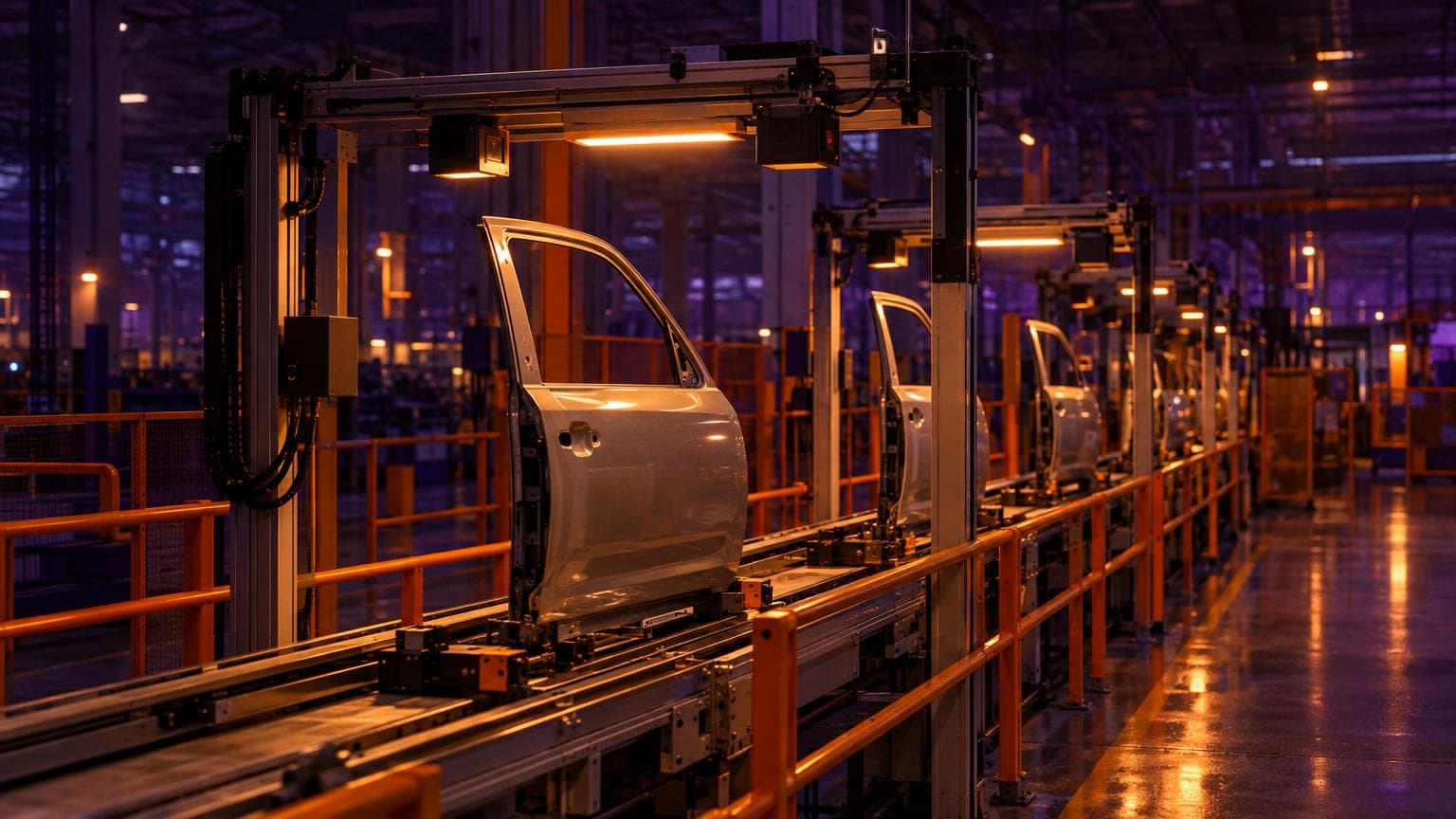 Modern smart factory floor with robotic arms and digital displays showing AI analytics alongside workers in safety gear