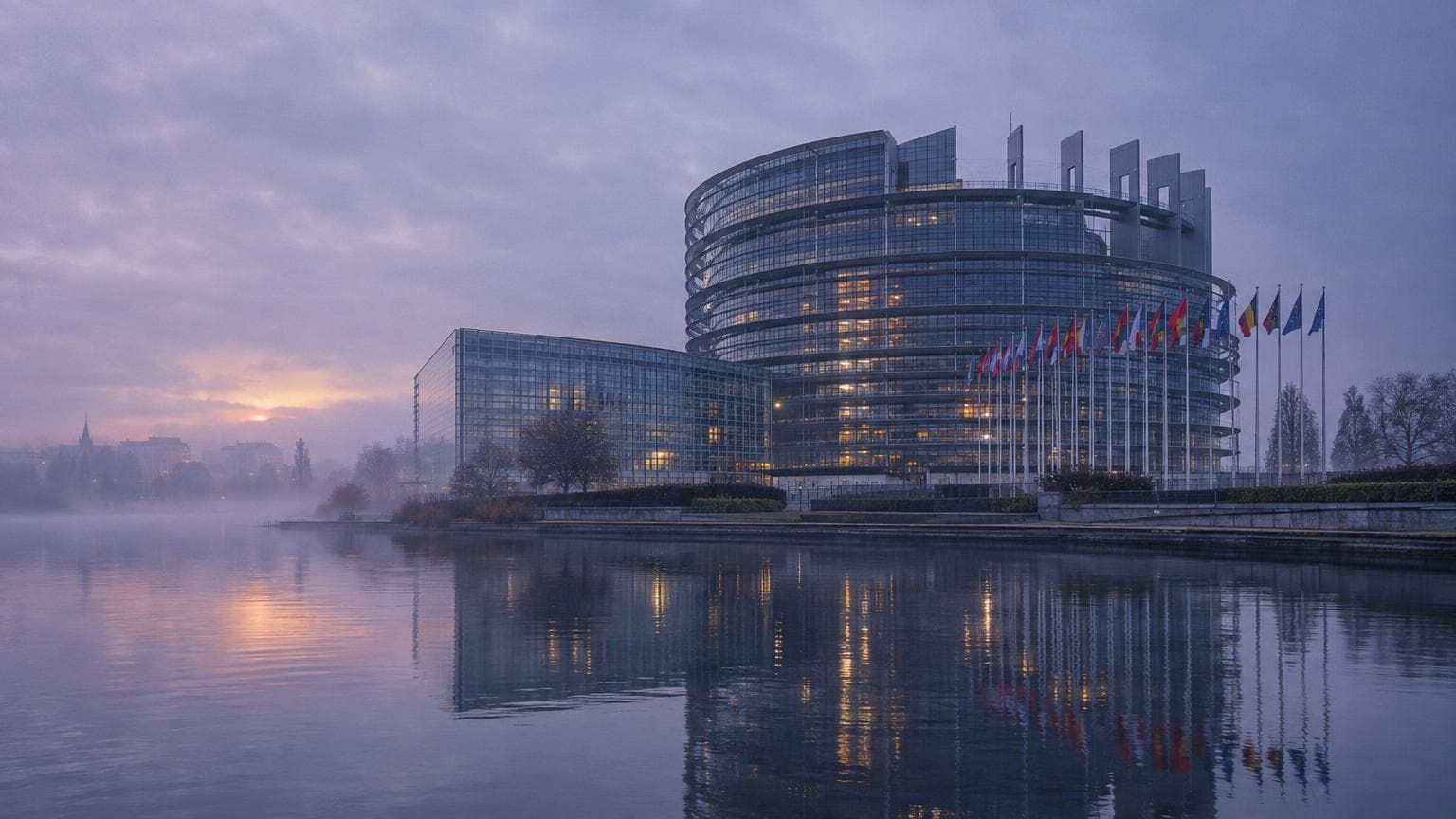 A glass European parliament building with a row of member-state flags, reflected in still water at a misty dawn, for a guide to EU AI Act Article 4 AI literacy obligations