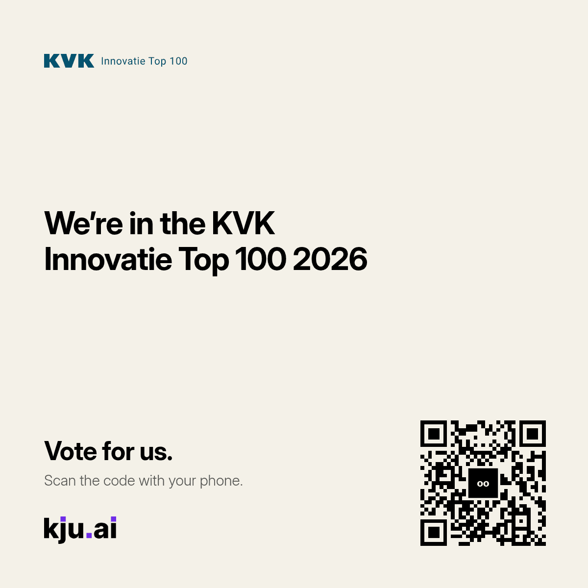 kju.ai is listed in the KVK Innovatie Top 100 2026. Vote for us: scan the QR code with your phone.